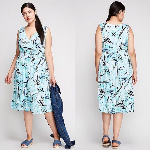 Lane bryant 14 / 16 blue Smocked stretch waist faux wrap sleevless v neck dress - Picture 1 of 9